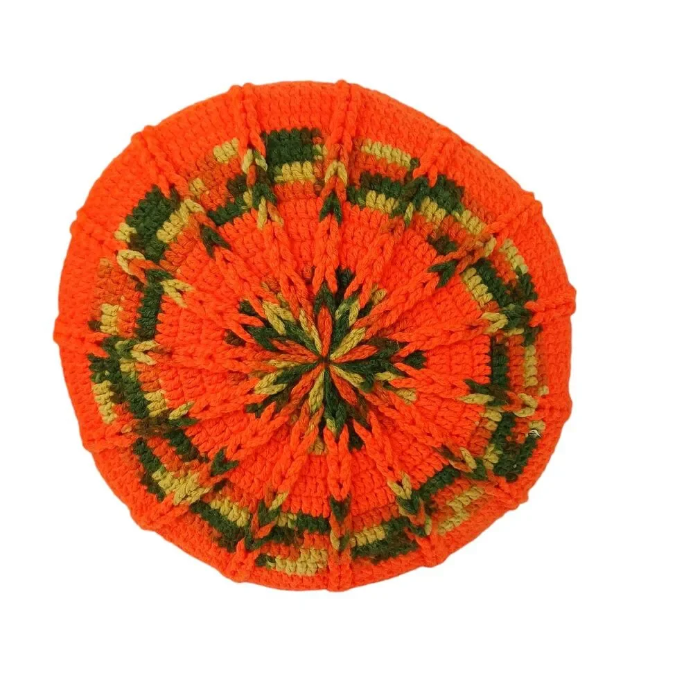 Vtg 1970s throw pillow crochet round decor Avocado Green Orange Gold Autumn